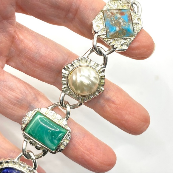 SARAH COVENTRY Faux Gemstone Cabachon Silver Tone Chunky Vintage Bracelet - Picture 3 of 9